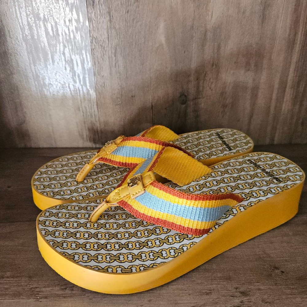 Tory Burch Summer Beach Vacation Gemini Link Retro Stripe Wedge Sandal - Picture 2 of 5
